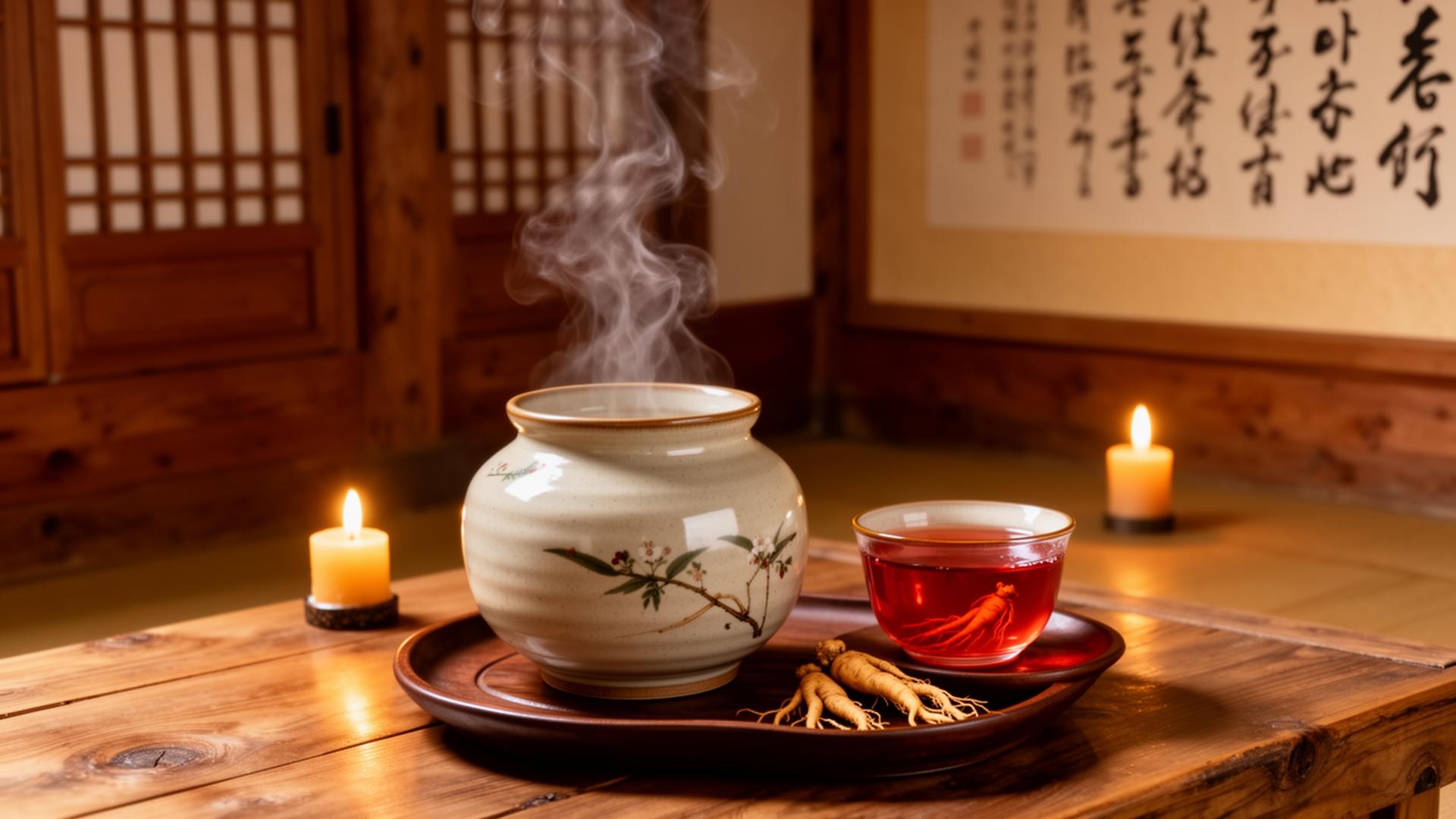 Hagyományos koreai vörös ginzeng tea hanok belsőben